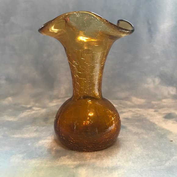 Rainbow Glass Company Accents Vintage Amber Crackle Glass Bud Vase